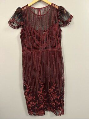 Neiman Marcus Burgundy Embroidered Midi Dress NWT Size 12